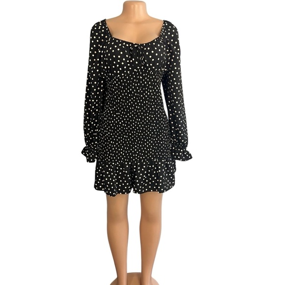 Express Long Sleeve Smocked Black Polka Dot Dress - Picture 2 of 12